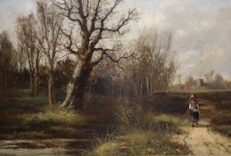 Abraham Hulk Jnr (1851-1922), oil on canvas, Wooded landscape with woman on a path, signed, 50 x
