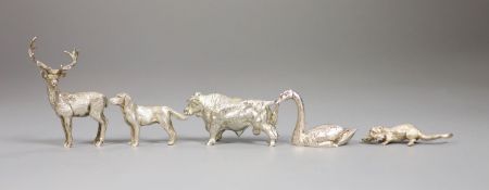 Five modern miniature silver model animals, including a stag, bull, dog, swan and otter with fish,