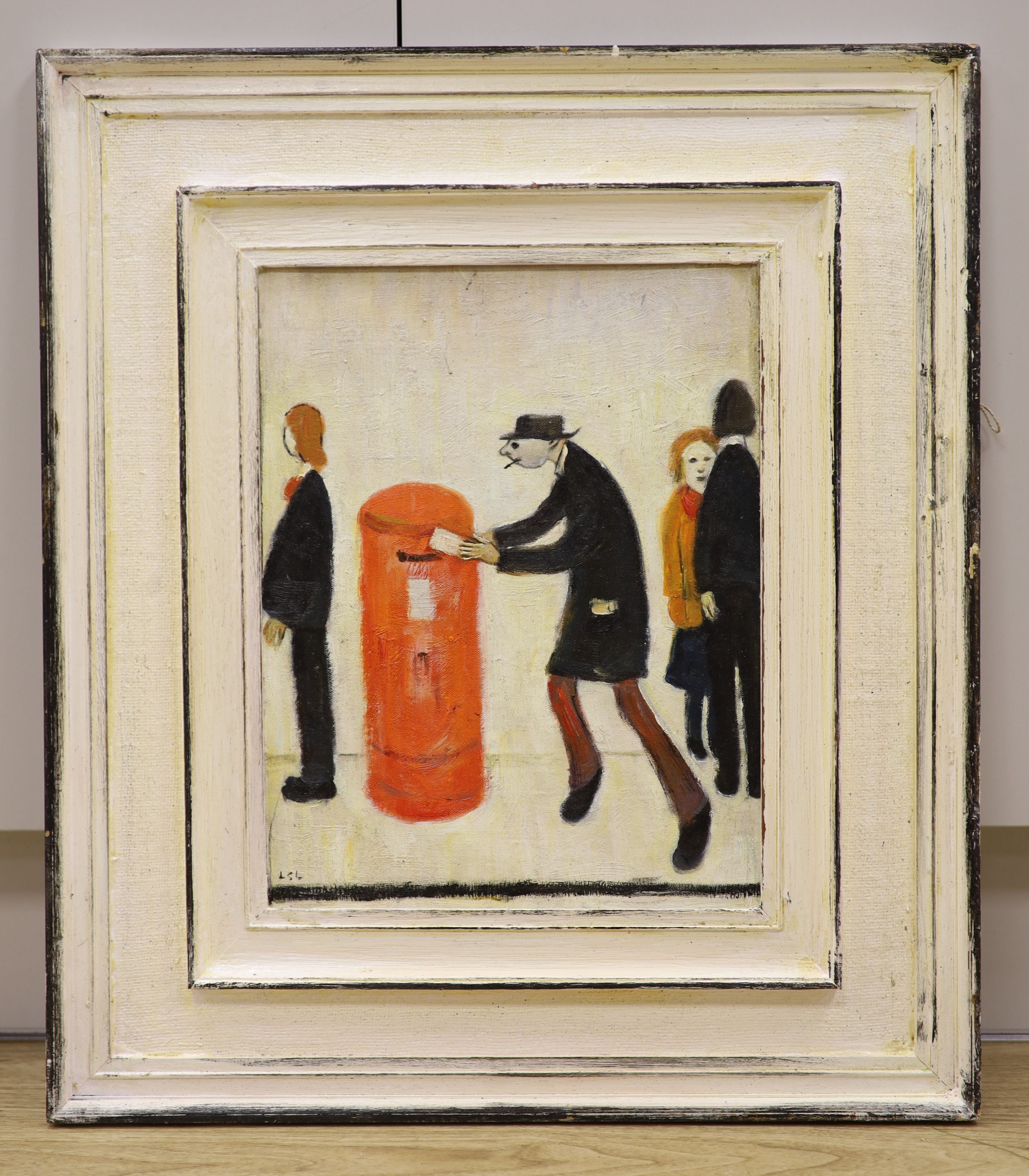 After Lowry, oil on board, Man posting a letter, bears initials, 38 x 29cm - Image 2 of 3