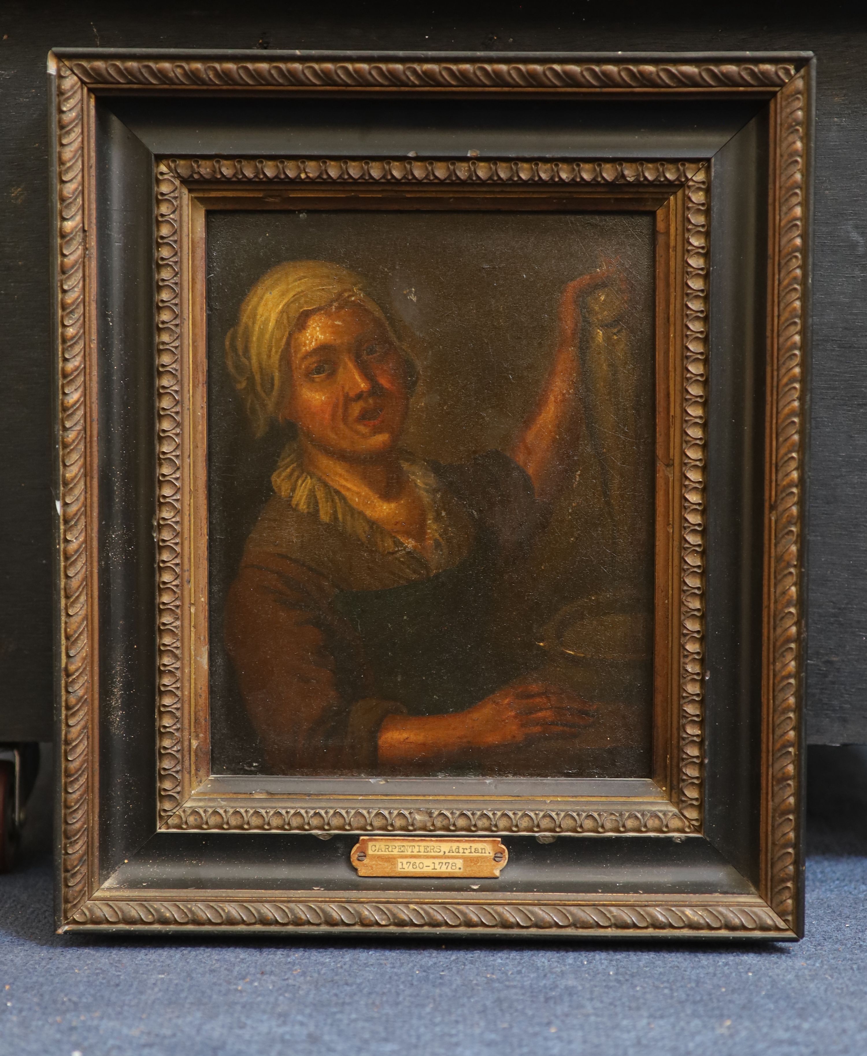 Attributed to Adrian Carpentiers (1760-1778)A woman holding a fishOil on wooden panel23.5 x 19cm - Image 2 of 3