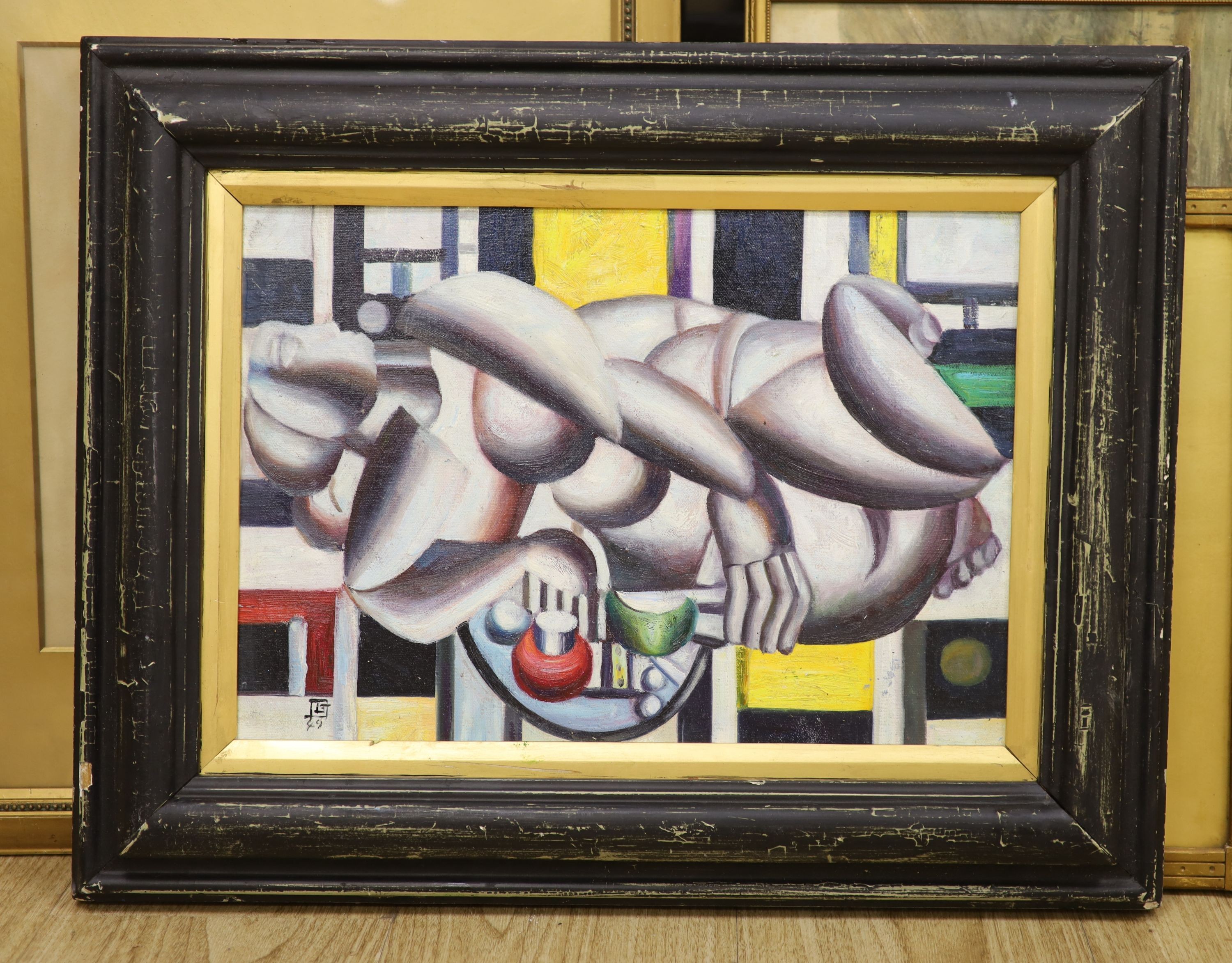 A modern Cubist style oil on board, Reclining nude, 28 x 40cm - Image 2 of 2