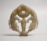 A Chinese jade and gilt dragon pendant, 9cm high