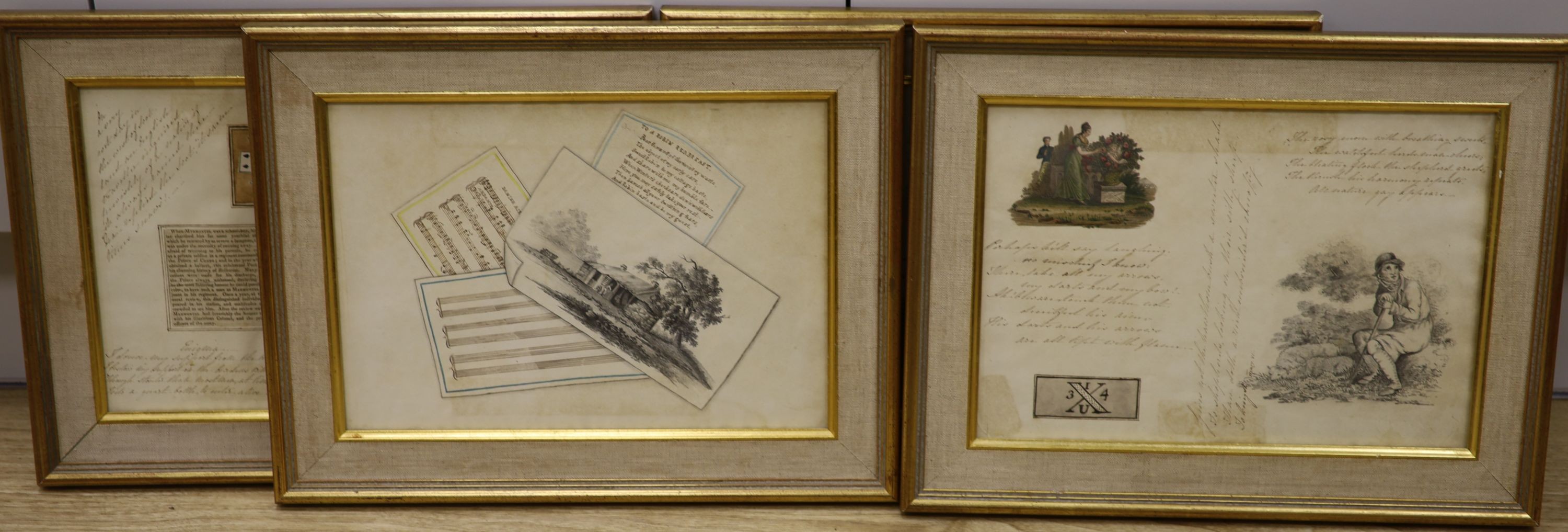 19th century English School, set of clin d’oeuil watercolour and collage panels, Poems, verses,