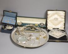 A plated silver stand, a fob watch, coins etc.