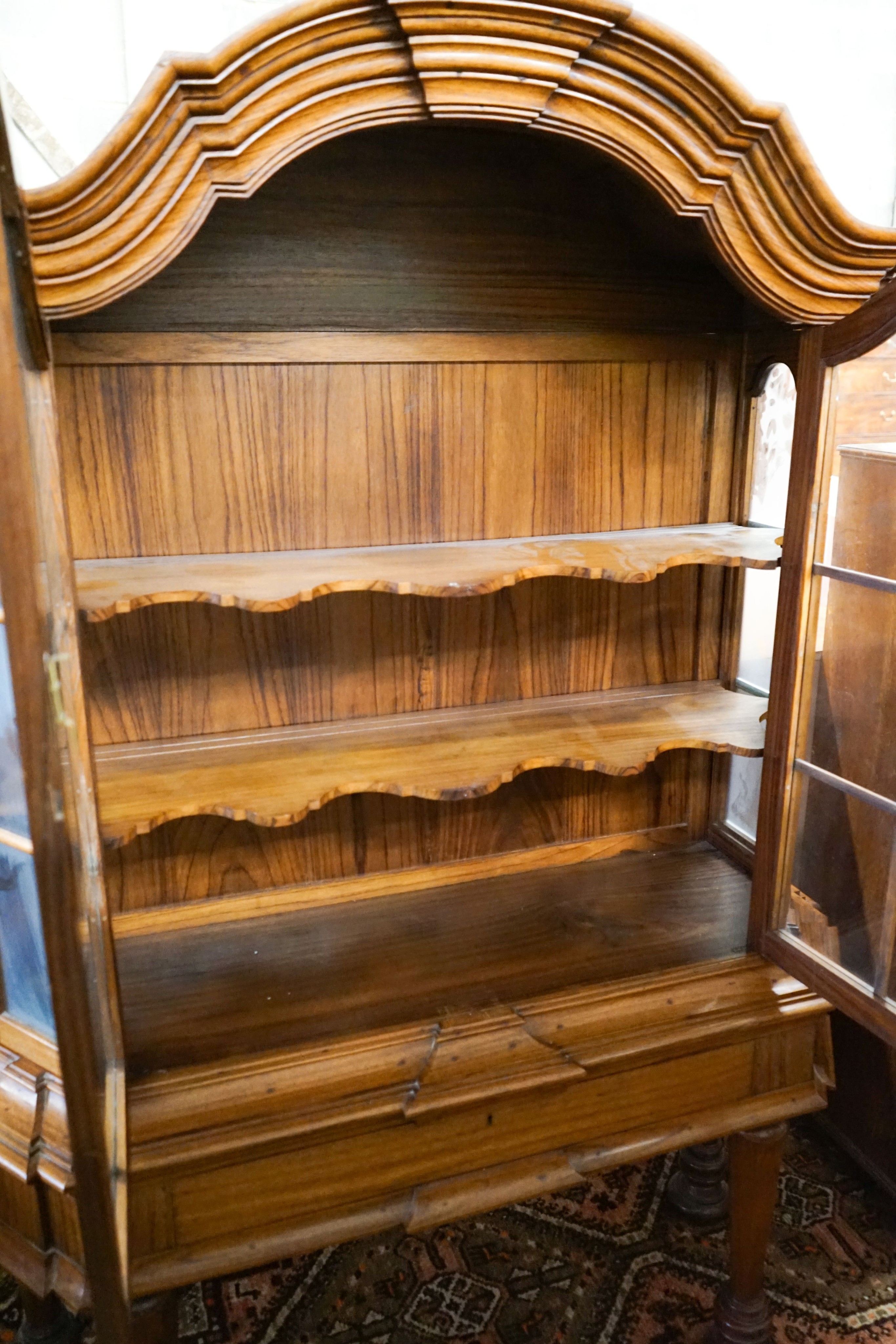 An 18th century style Dutch walnut display case, with double-arched moulded cornice over a pair of - Image 3 of 3
