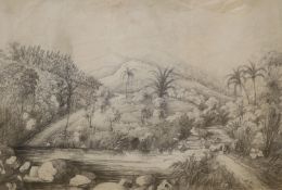 H. de'Anglebarmes 1822, pencil on paper, View of the garden on Tabery Estate, Whatman Turkey Mill