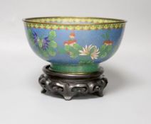 An early 20th century Chinese cloisonne enamel bowl, wood stand20cm