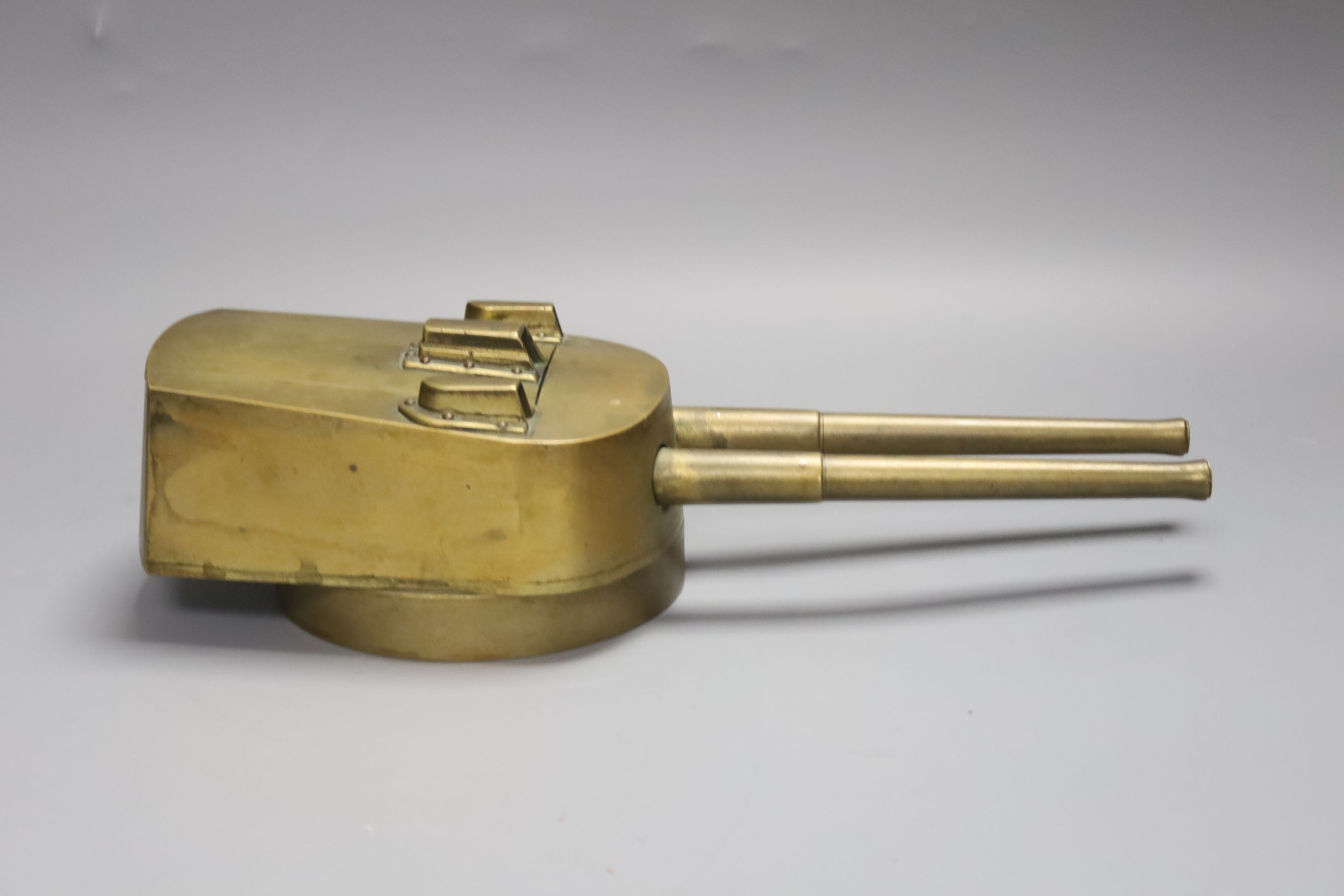 An early 20th century trench art gun turret cigarette case, cedar wood lining,29cm - Image 2 of 3