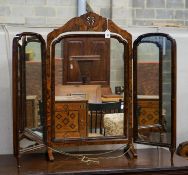 A Queen Anne revival walnut triple dressing table mirror, maximum width 112cm, height 89cm