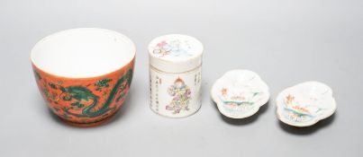 A Chinese orange ground dragon bowl, 11cm a famille rose box and cover and a similar pair of dishes,