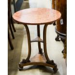 A Victorian gilt metal mounted walnut circular marble top table, diameter 60cm, height 73cm