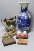 A large Chinese vase, a.f., 47cm, a pair of soapstone carvings, embossed Chinese brass ornament