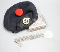 A Japanese silver box, bracelet, medal and military cap