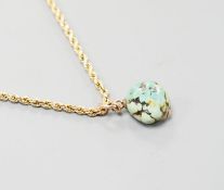 A 9ct rope twist guard chain, with turquoise pebble pendant, chain length, 146cm,gross weight 17.5