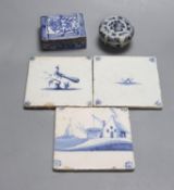 Two 18th century Dutch Delft blue and white tiles, two Chinese porcelain boxes and covers and sundry