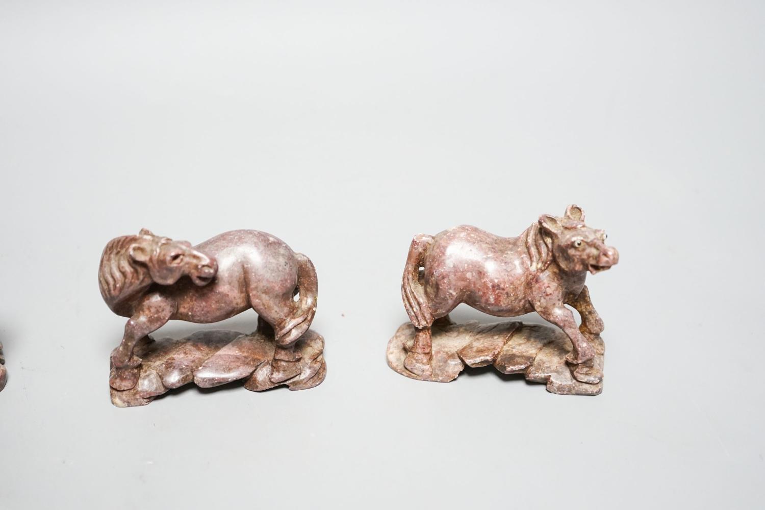 Six Chinese soapstone models of horses and a similar monkey, early 20th century - Image 6 of 6