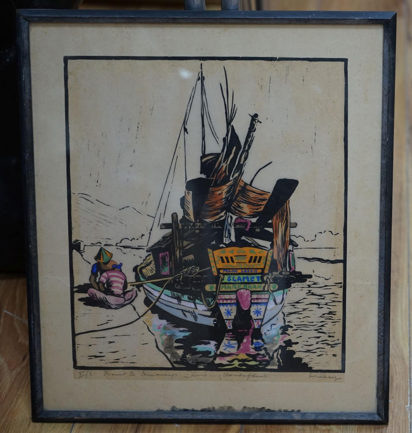 A coloured woodcut of a Bavarian fishing boat, signed in pencil and numbered XI/2, 36 x 31cm, a - Image 2 of 4