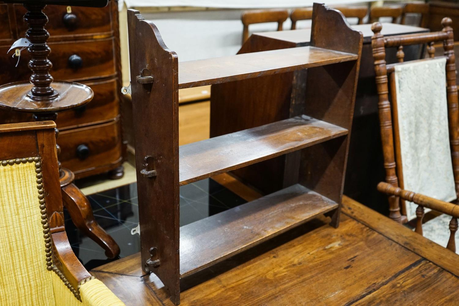 A late Victorian oak wall bracket, caned stool and chair - Image 4 of 6