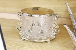 A Victorian cut glass and electroplate biscuit box and other plated wares