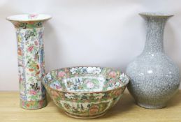 A Chinese famille rose sleeve vase, a similar bowl and a crackle glaze vase, 19th century and later,