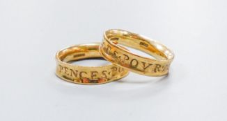 Two modern 9ct gold bands, with latin inscription, both N/O, 8.3 grams.