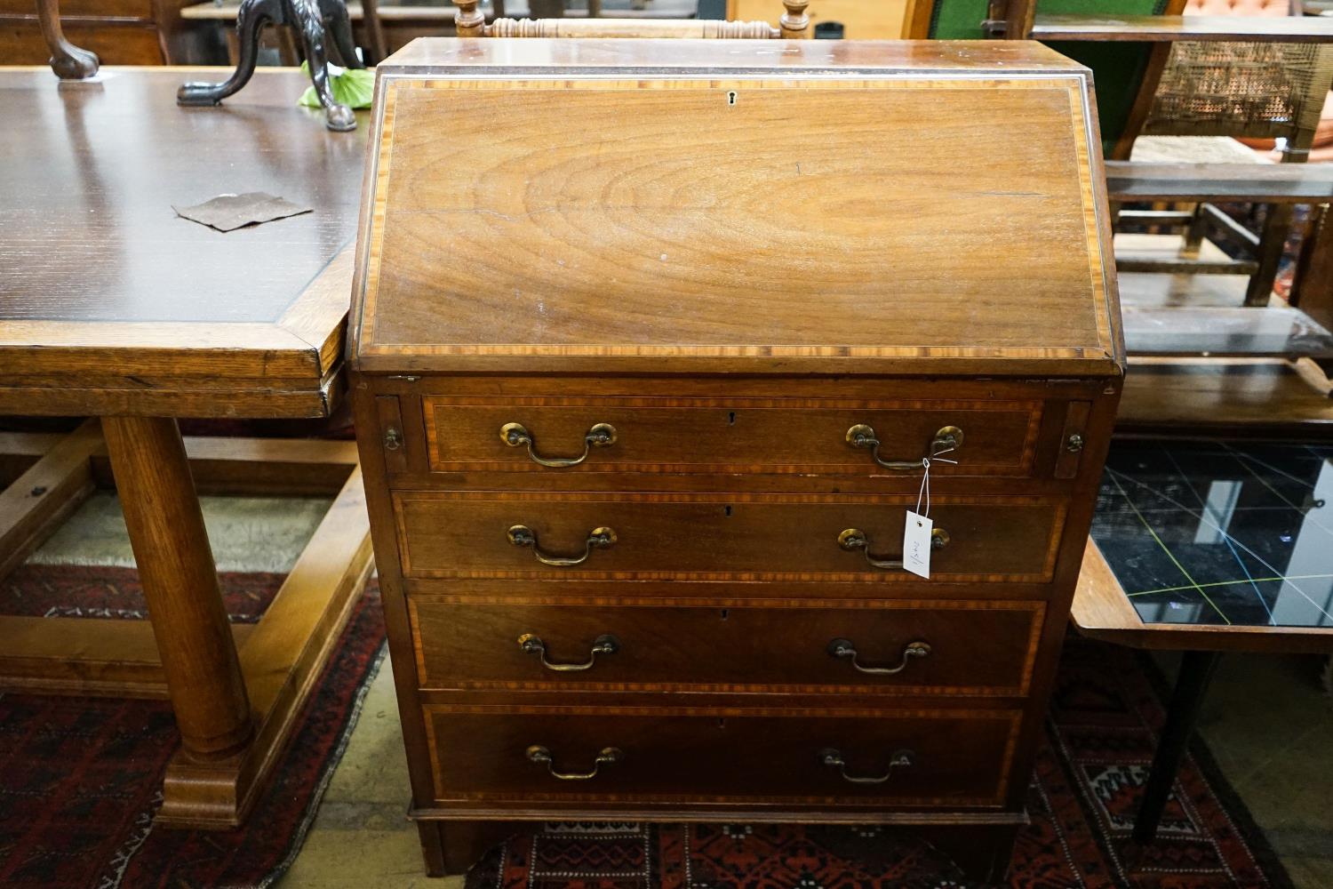 An Edwardian satinwood banded mahogany bureau, width 76cm, depth 46cm, height 98cm - Image 3 of 4