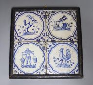 Four 18th century Dutch Delft blue and white tiles, decorated with deer, cockerels and figures