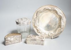 A Chinese white metal dish by Wang Hing, 18.4cm and a similar rectangular box, a white metal mounted