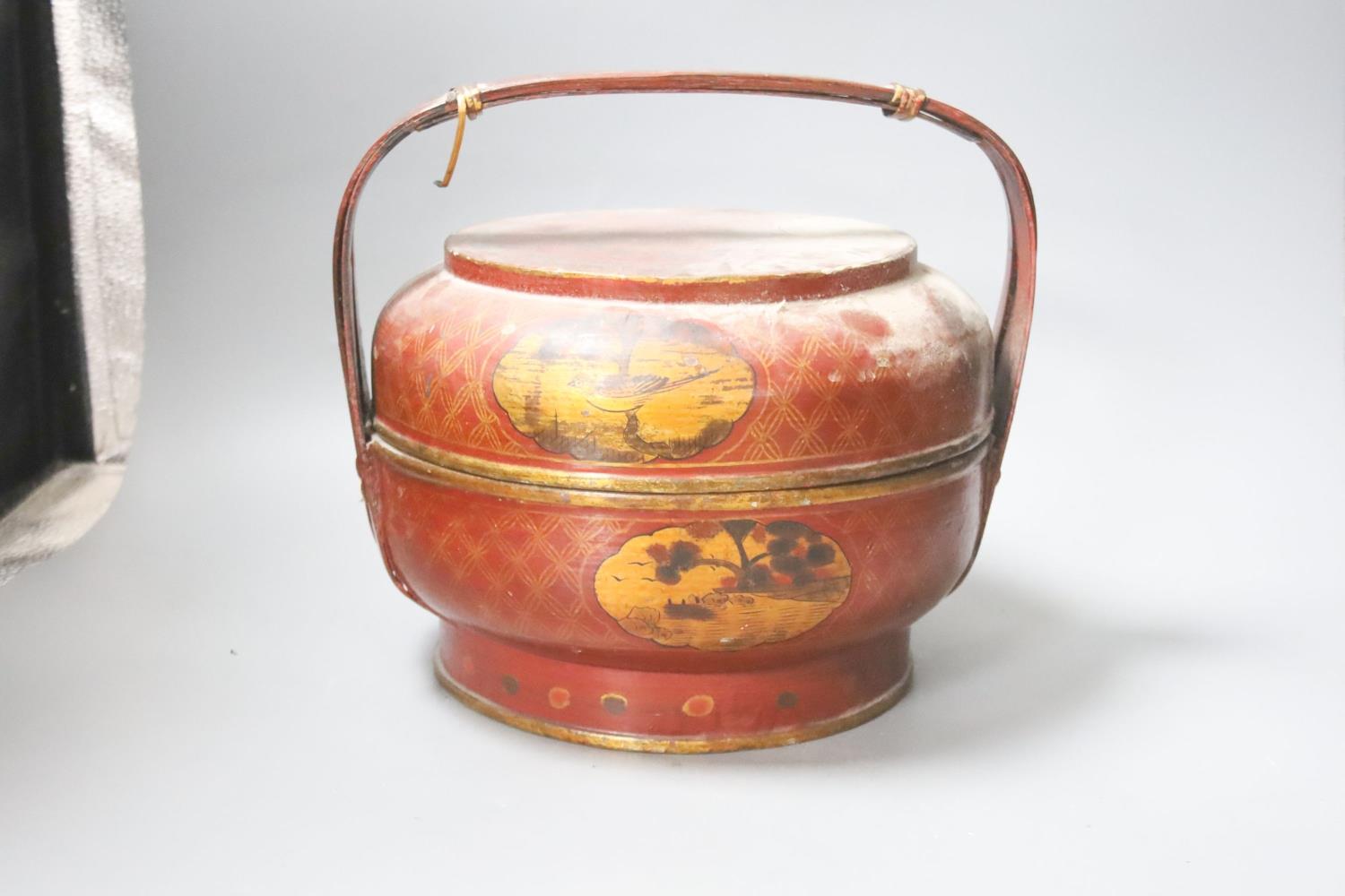 A Chinese large cylindrical porcelain teapot, with bamboo handle and polychrome-decorated with - Image 4 of 4