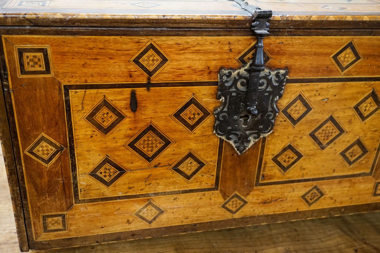 A 19th century Damascan parquetry inlaid fall front chest with two drawer interior, width 75cm, - Image 2 of 5