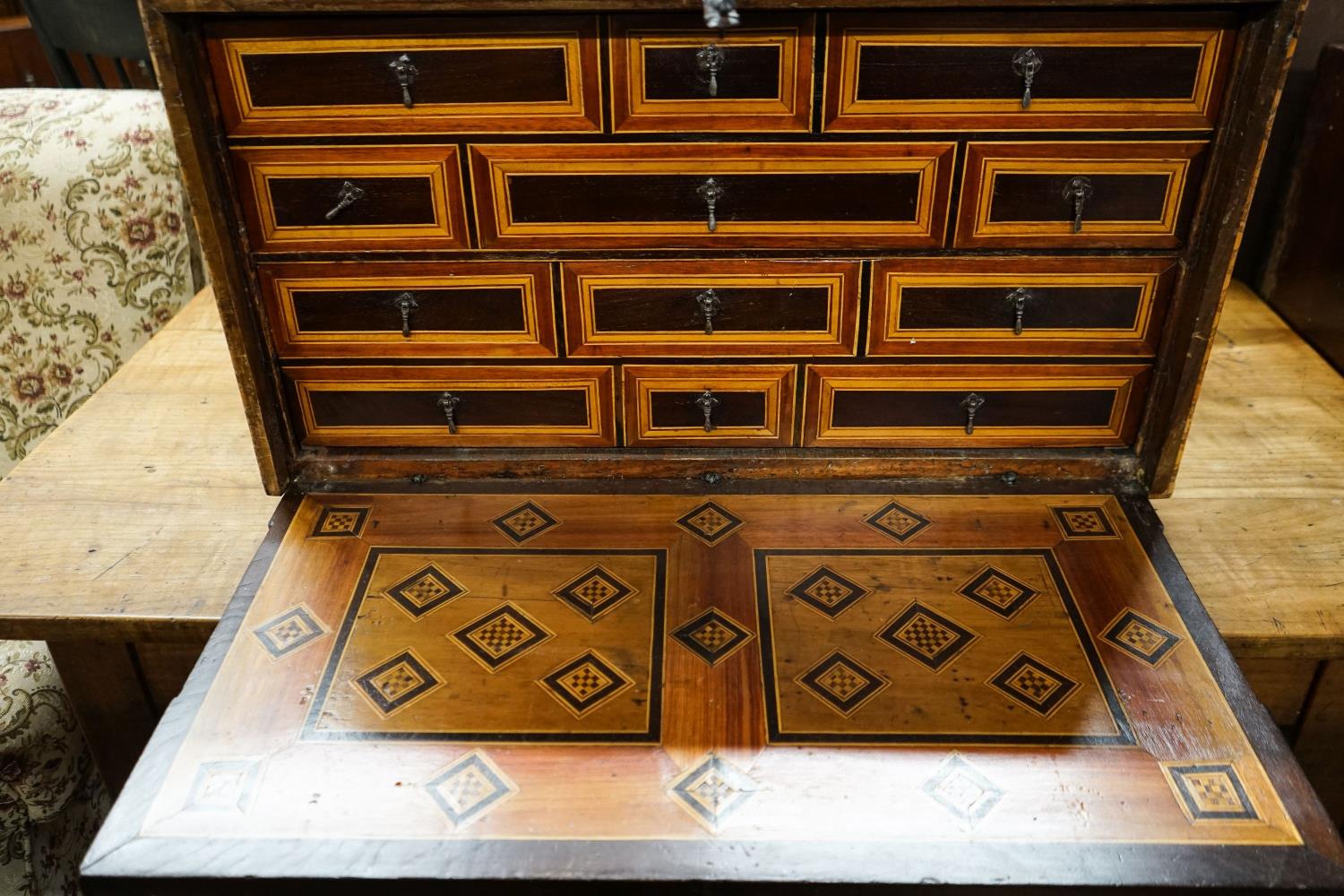 A 19th century Damascan parquetry inlaid fall front chest with two drawer interior, width 75cm, - Image 4 of 5