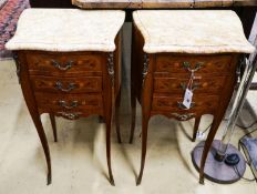 A pair of Louis XV design marquetry inlaid Kingwood marble top bedside chests, width 40cm, depth
