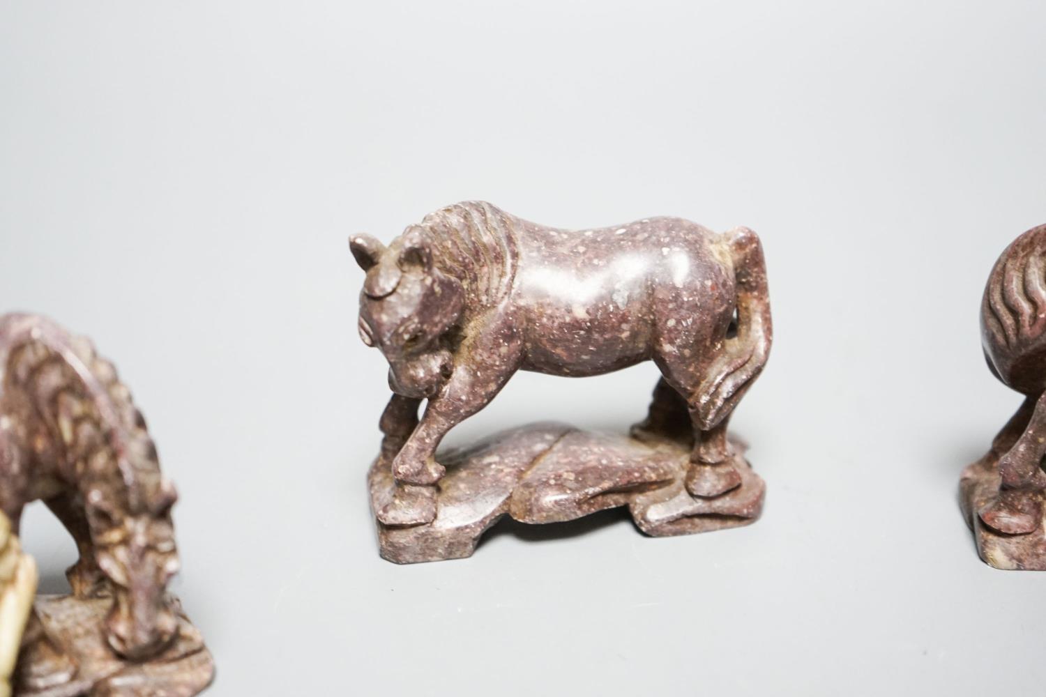 Six Chinese soapstone models of horses and a similar monkey, early 20th century - Image 3 of 6