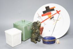 A Suprematist style porcelain plate, 24cm, a powder blue trinket box, two jars and covers and a