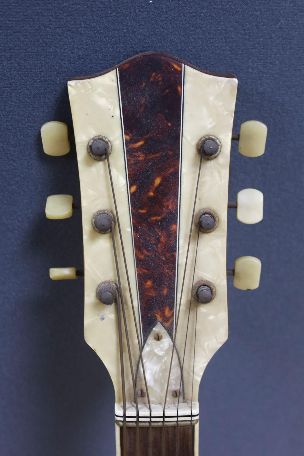A Hofner acoustic f-hole guitar, circa 1950, having mother of pearl and tortoiseshell inlay to - Image 2 of 7