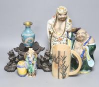 A group of Chinese and Japanese ceramics, a cloisonné enamel vase and a Burmese wood stand,