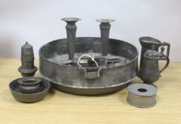 A collection of Dutch antique pewter, including two-handled bowl, wine taster, measures, etc.