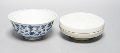 A Chinese blue and white bowl and a Qingbai type box and cover, Ming Dynasty or later Chinese, 15cm