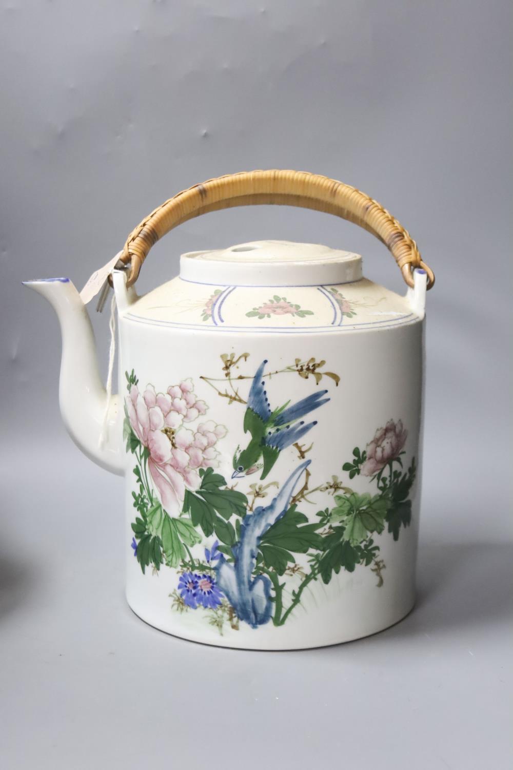 A Chinese large cylindrical porcelain teapot, with bamboo handle and polychrome-decorated with - Image 3 of 4