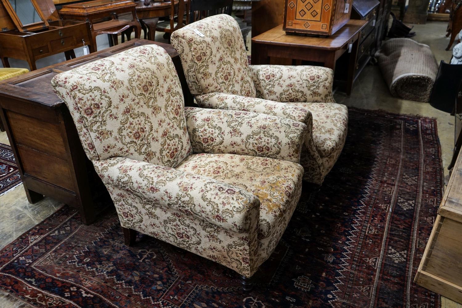 A near pair of late Victorian upholstered armchairs, width 88cm, depth 86cm, height 96cm - Image 3 of 5