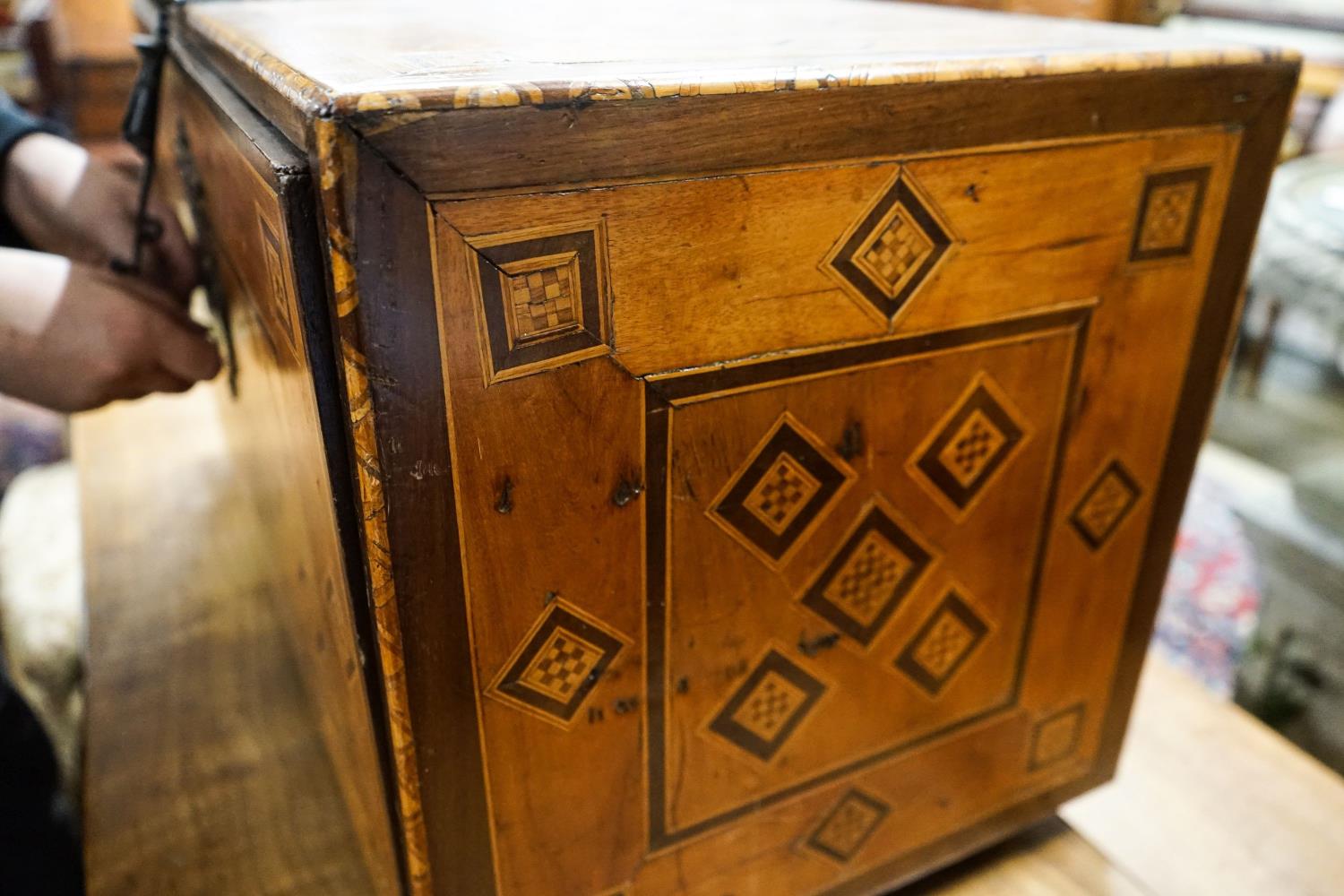 A 19th century Damascan parquetry inlaid fall front chest with two drawer interior, width 75cm, - Image 5 of 5