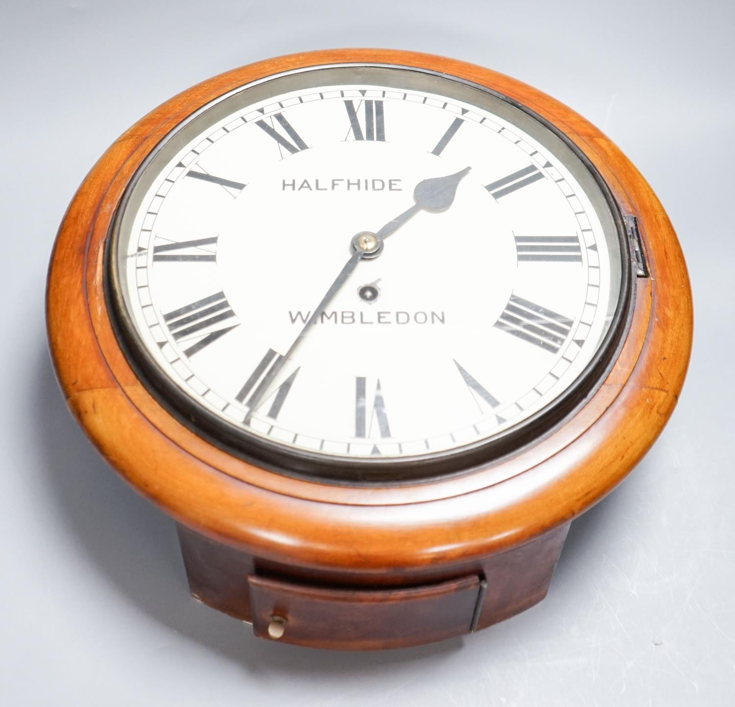 An early 20th century mahogany wall dial timepiece, Halfhide Wimbledon, German movement, 39.5 cm