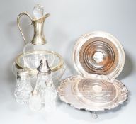 A plated coaster, silver mounted ewer etc