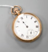 A 9ct gold open face Waltham keyless pocket watch, with engraved monogram, case diameter 50mm, gross
