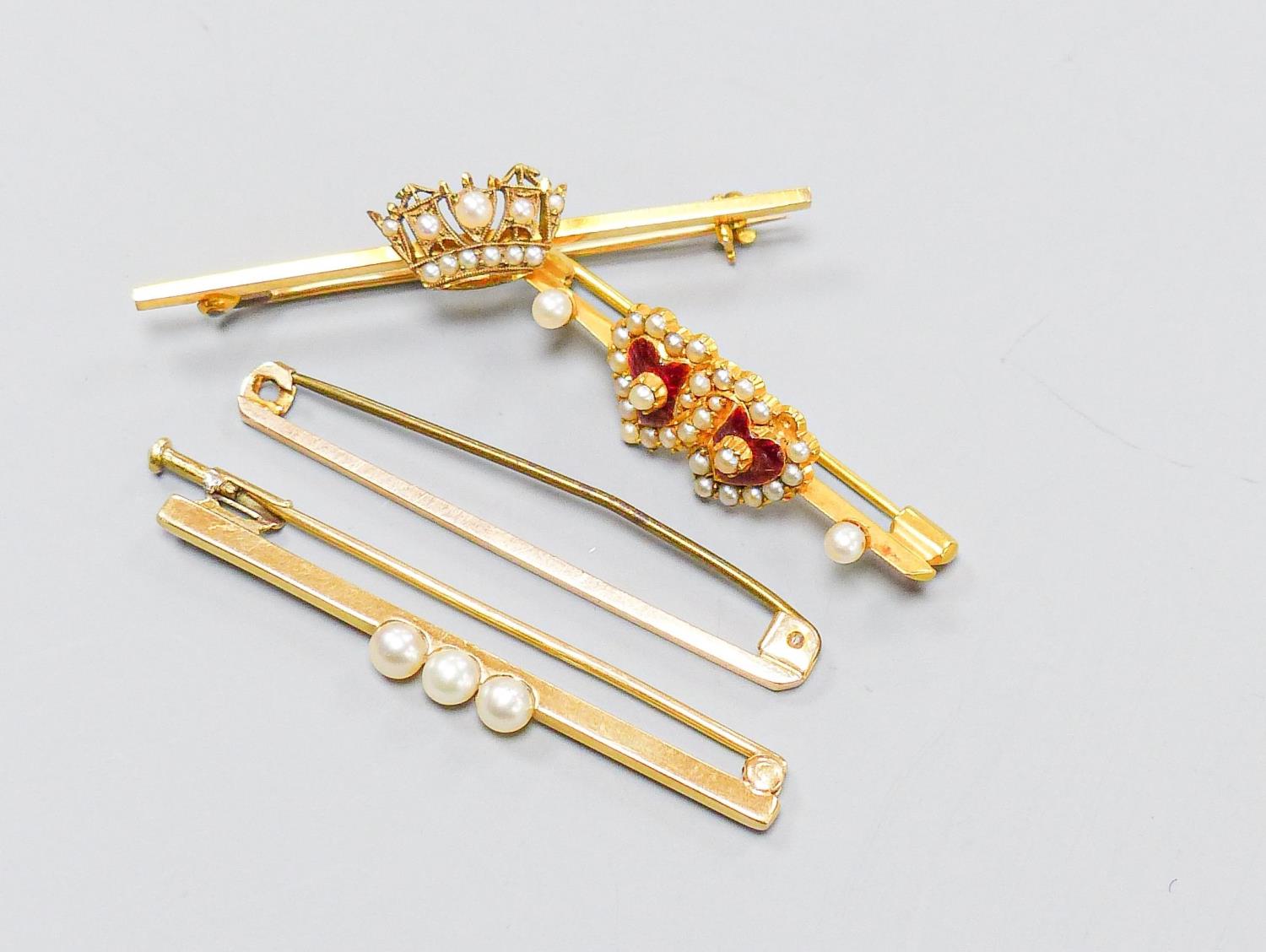 Four 9ct gold bar brooches, three set with seed pearls, largest 47mm, gross 10.4 grams. - Image 2 of 3