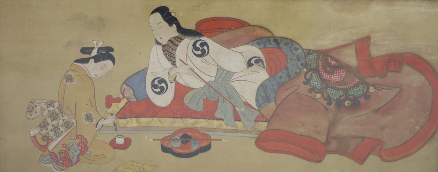 Japanese School, Edo period, painting on silk of a noble lady,reclining on a daybed holding an opium - Image 2 of 3