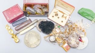 A vintage 'Marvin Hermetic' watch, various pens, a penknife, a set of guinea scales, costume