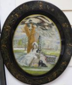 A framed oval Regency silk panel. 40cm long excl frame