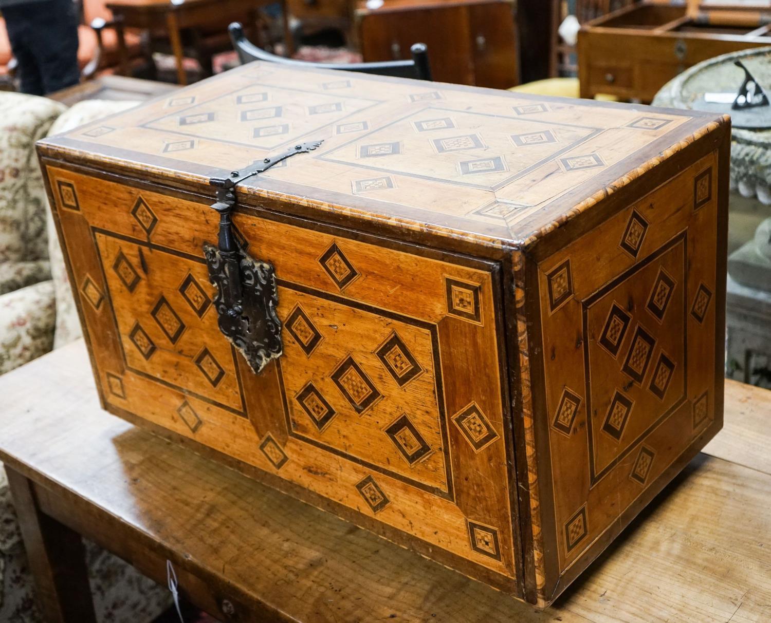 A 19th century Damascan parquetry inlaid fall front chest with two drawer interior, width 75cm,