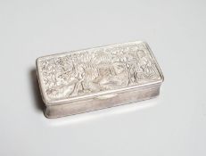 A late 19th/early 20th century Chinese silver rectangular snuff box by Wang Hing,decorated with huts